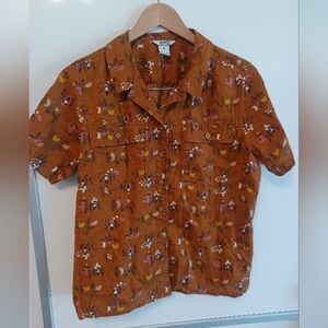 Women Duluth Trading Shirt Burnt Orange Button Up Short Sleeve gnome farm Size M